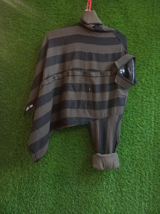 Black & Brown Striped Shirt – Casual Regular Fit with Folded Sleeves