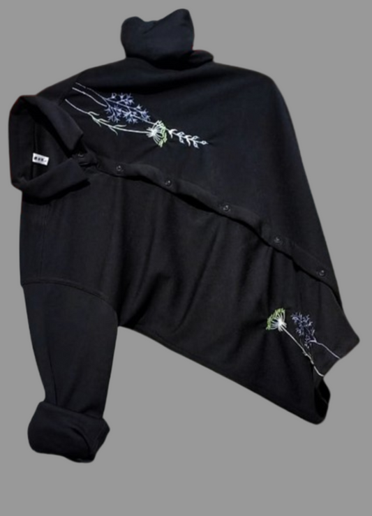Mens wear Black Asymmetric Floral Embroidered Shirt – Modern Streetwear Elegance