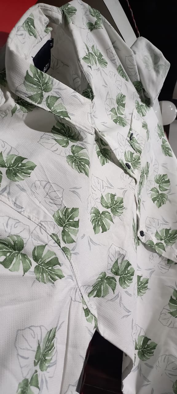 Mens wear White Imported Shirt with Green Leaf Print  p1