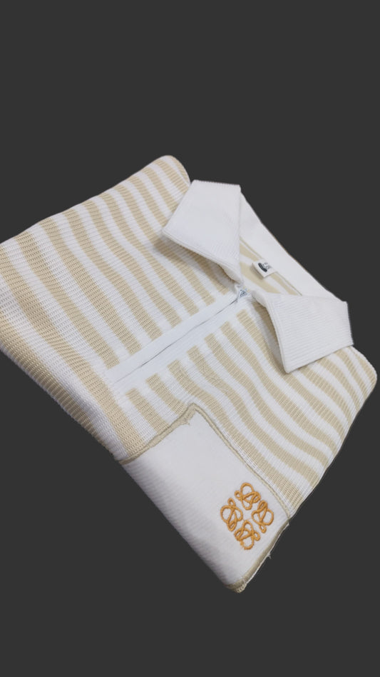 Men’s White & Beige Striped Polo T-Shirt – Casual Half Sleeve