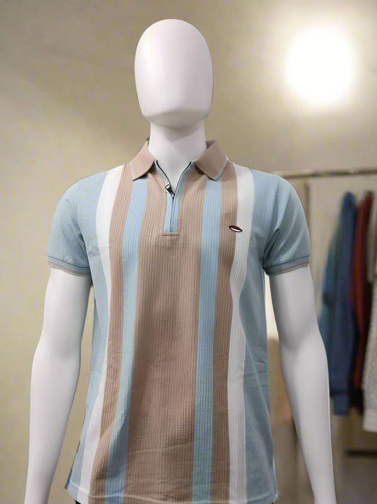 Men’s Sky Blue & Beige Striped Polo T-Shirt – Casual Short Sleeve