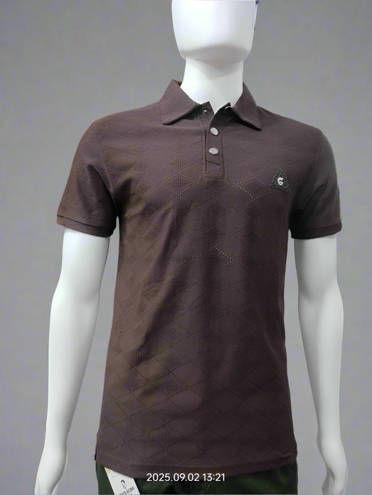 Men’s Brown Textured Polo T-Shirt with Button Placket