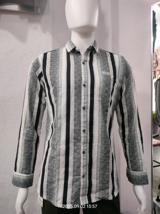 Men’s Black & White Striped Cotton Shirt – Classic Long Sleeve