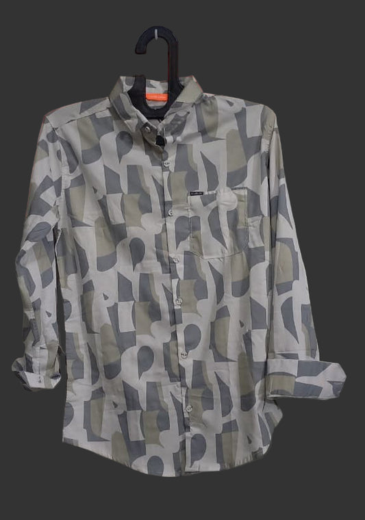 Grey Abstract Print Long Sleeve Shirt – Regular Fit Casual Wear
