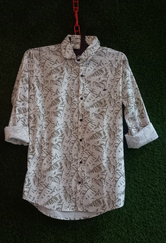 White Leaf Print Long Sleeve Shirt – Regular Fit Casual Style