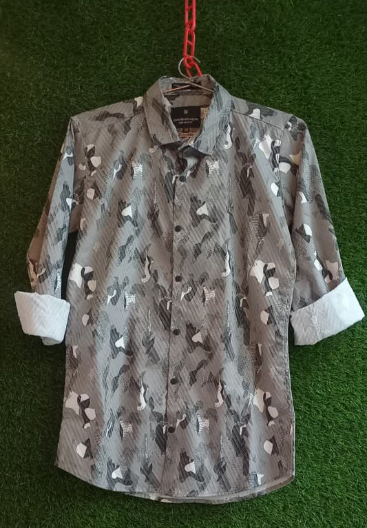 Grey Camouflage Print Long Sleeve Shirt – Regular Fit Casual Wear