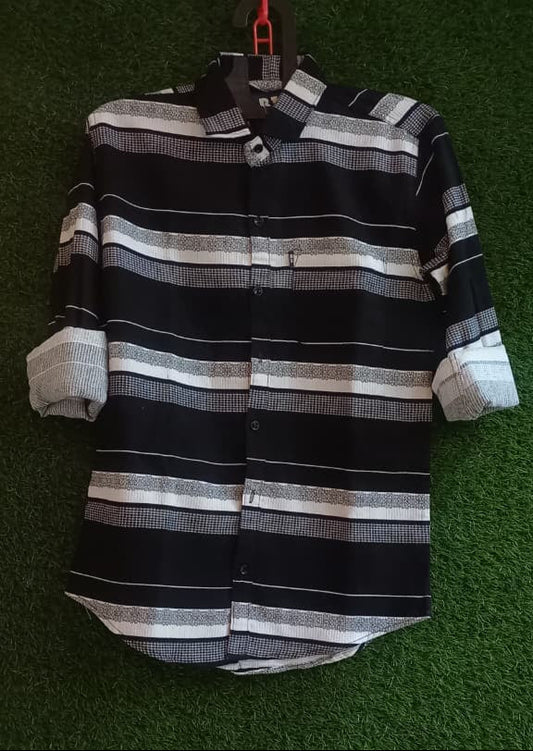 Black & White Striped Long Sleeve Shirt – Regular Fit Casual Wear