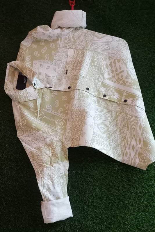 Olive Green & White Printed Shirt – Patchwork Design, Regular Fit