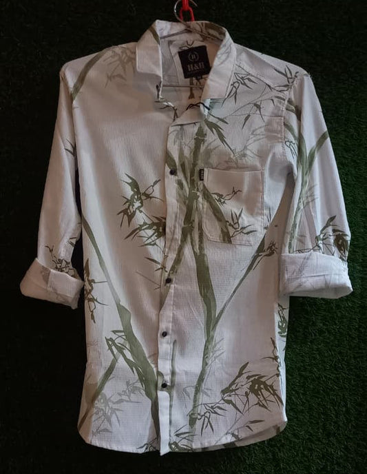 White Bamboo Print Long Sleeve Shirt – Regular Fit Casual Wear