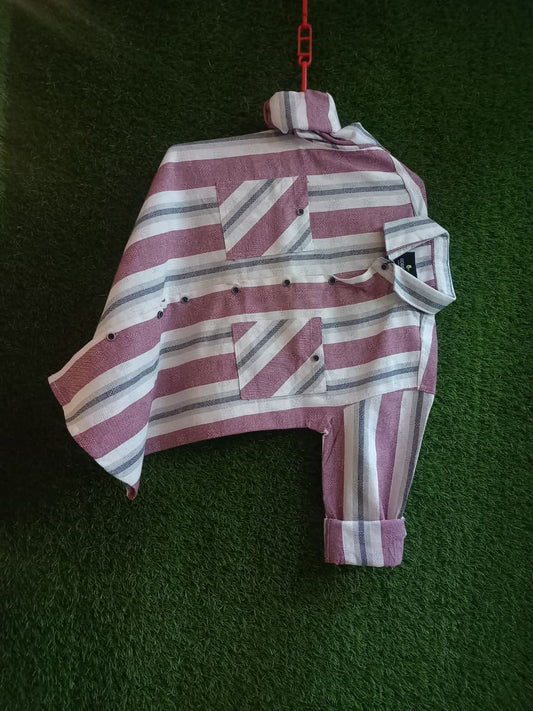 Maroon & White Striped Shirt – Casual Regular Fit with Pocket Detail