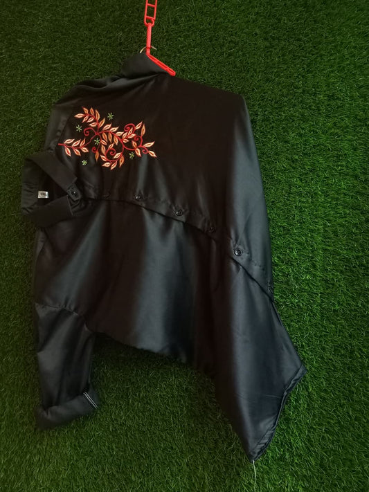 Black Embroidered Shirt – Floral Back Design, Regular Fit