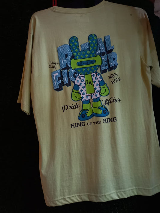 Yellow Graphic T-Shirt – Real Fighter Cartoon Print, Regular Fit