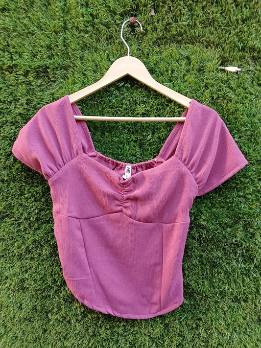 Ribbed Puff-Sleeve Crop Top – Rose Pink for Girls