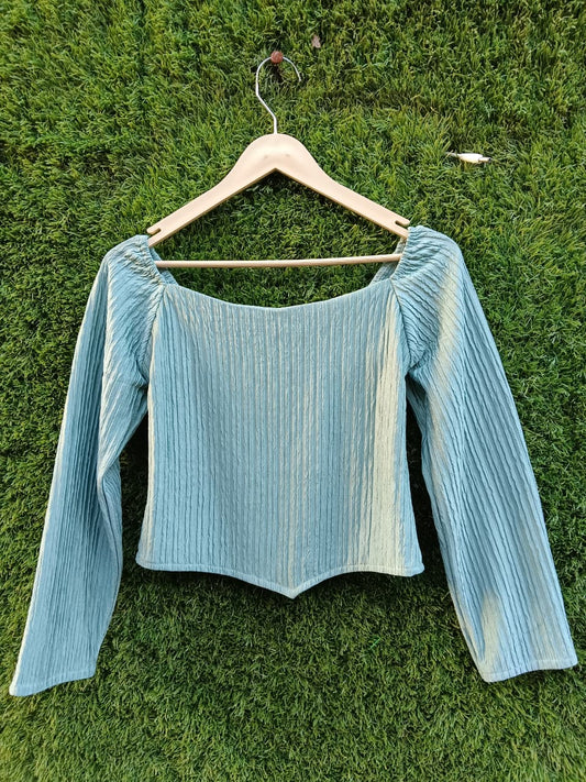 Ribbed Long-Sleeve Square Neck Top – Sky Blue for Girls