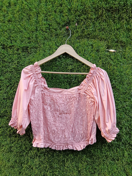 Smocked Puff-Sleeve Crop Top – Baby Pink for Girls