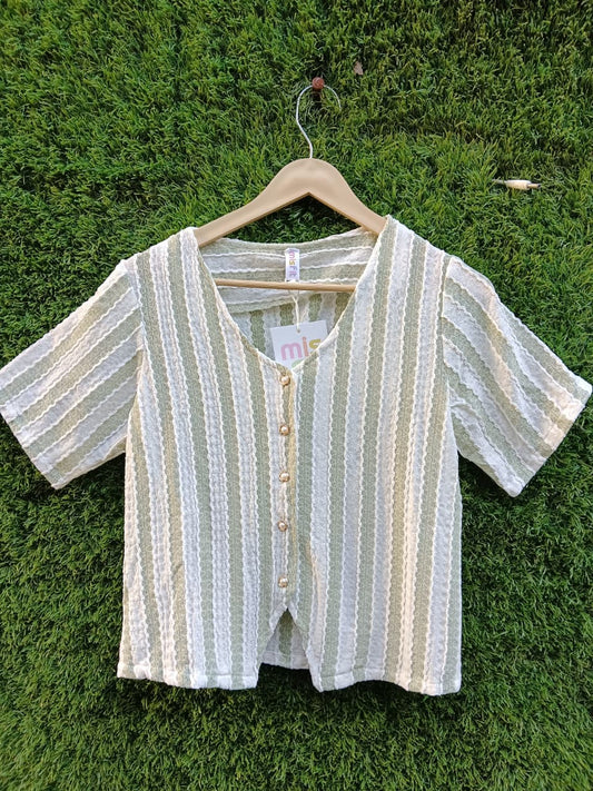 Striped Button-Down Short-Sleeve Top – Green & White for Girls