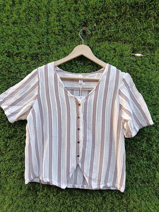Striped Button-Down Short-Sleeve Top – Grey & White for Girls