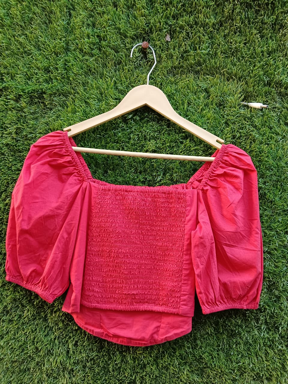 Smocked Puff-Sleeve Crop Top – Red for Girls