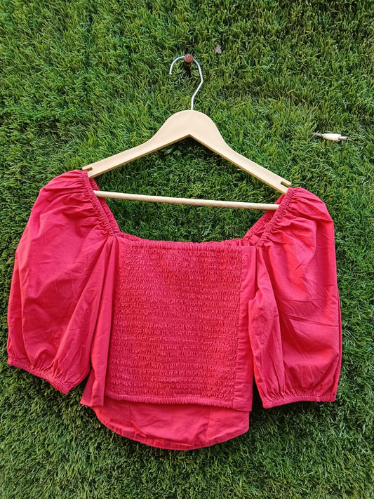 Smocked Puff-Sleeve Crop Top – Red for Girls