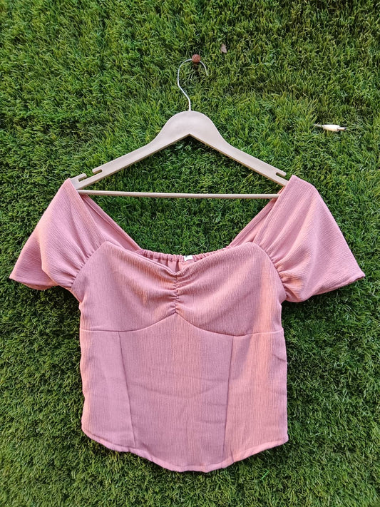 Ribbed Puff-Sleeve Crop Top – Blush Pink for Girls