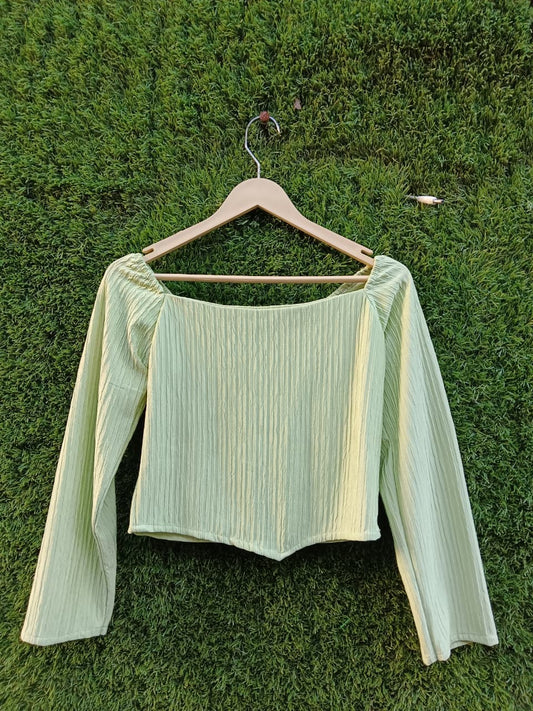 Ribbed Long-Sleeve Square Neck Top – Light Green for Girls