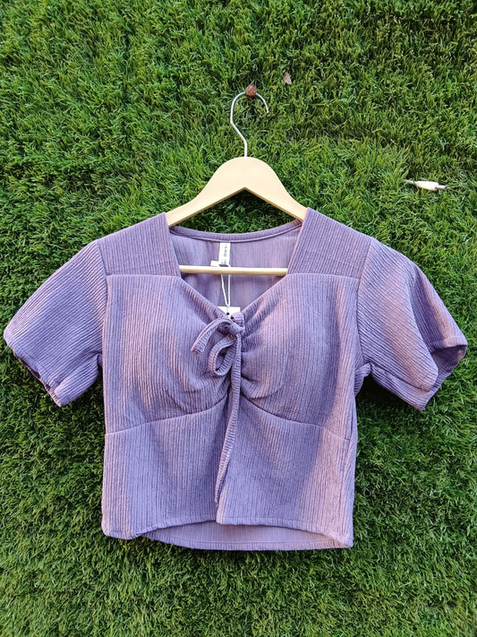 Ribbed Tie-Front Crop Top – Lavender Purple for Girls
