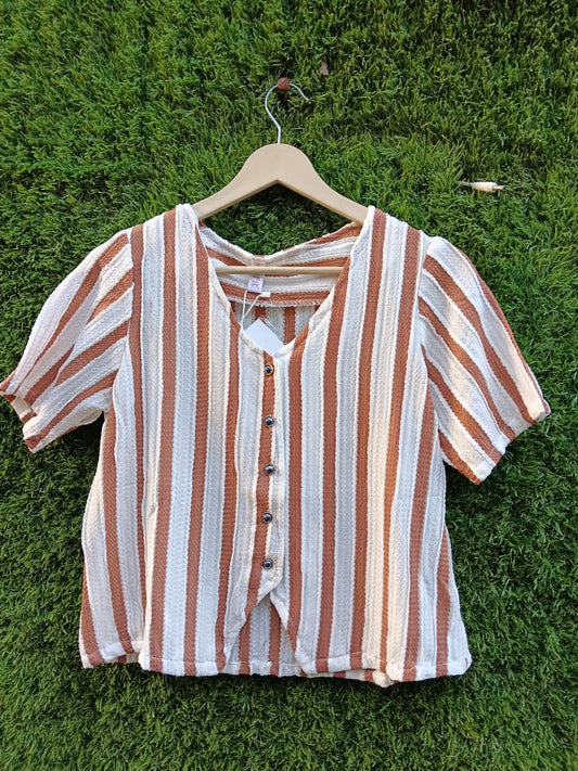 Striped Button-Down Short-Sleeve Top – Brown & White for Girls