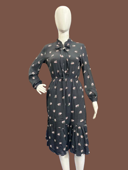 Girls wear one piece Black Floral Tie-Neck Midi Dress – Elegant & Versatile Style