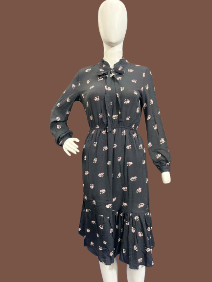 Girls wear one piece Black Floral Tie-Neck Midi Dress – Elegant & Versatile Style
